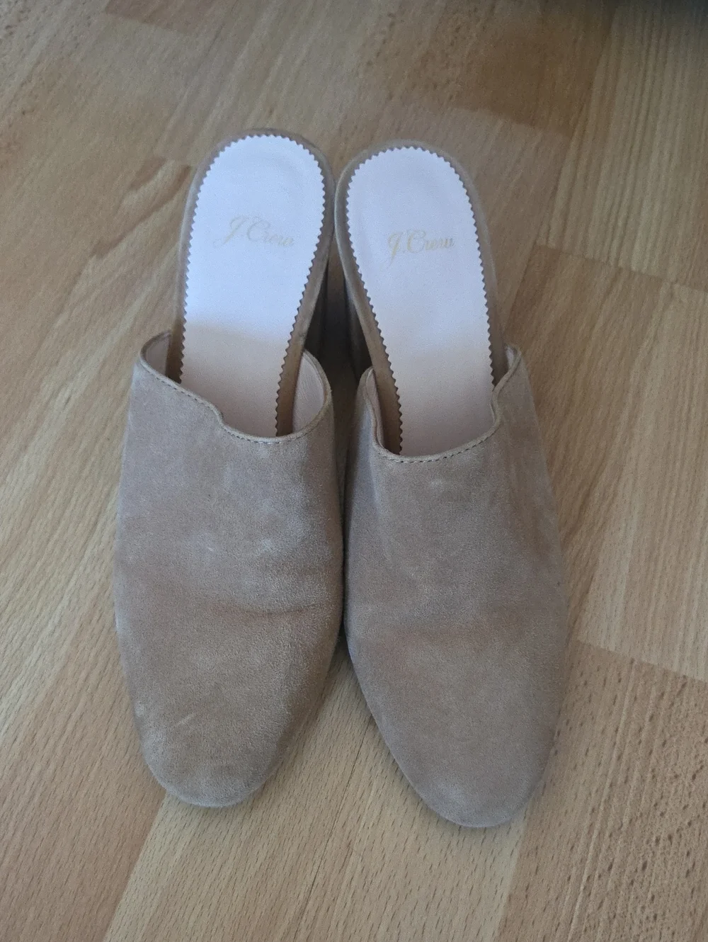 J. Crew Beige Suede Slip-On Block Heel Mules Size 8 Contemporary Minimalist